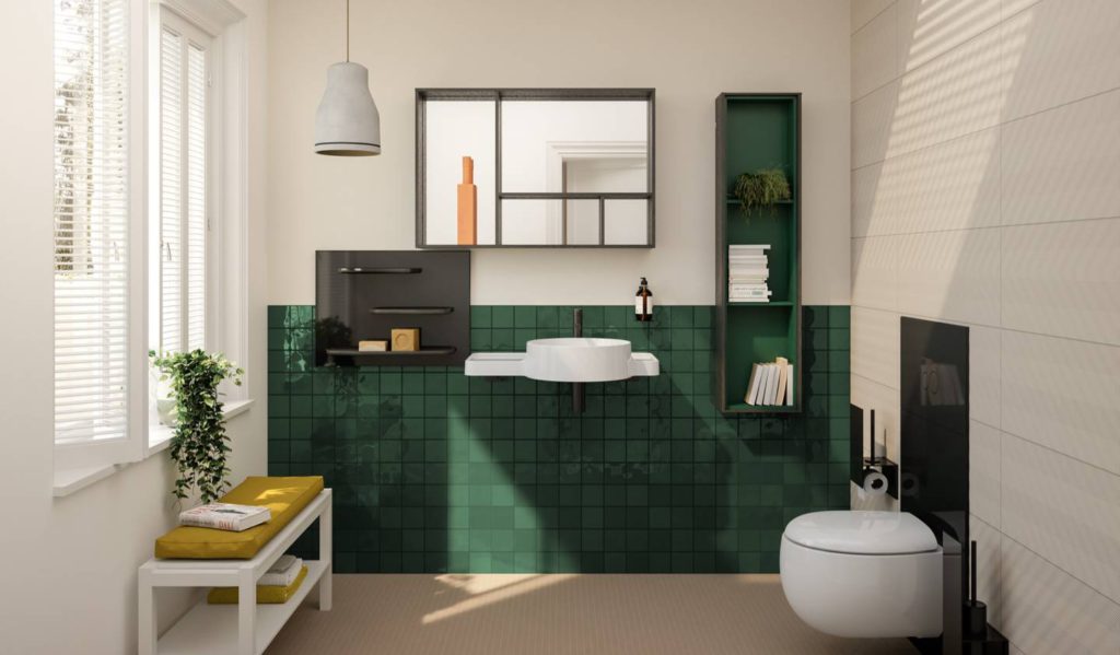 Baño con azulejos verdes y líneas rectas